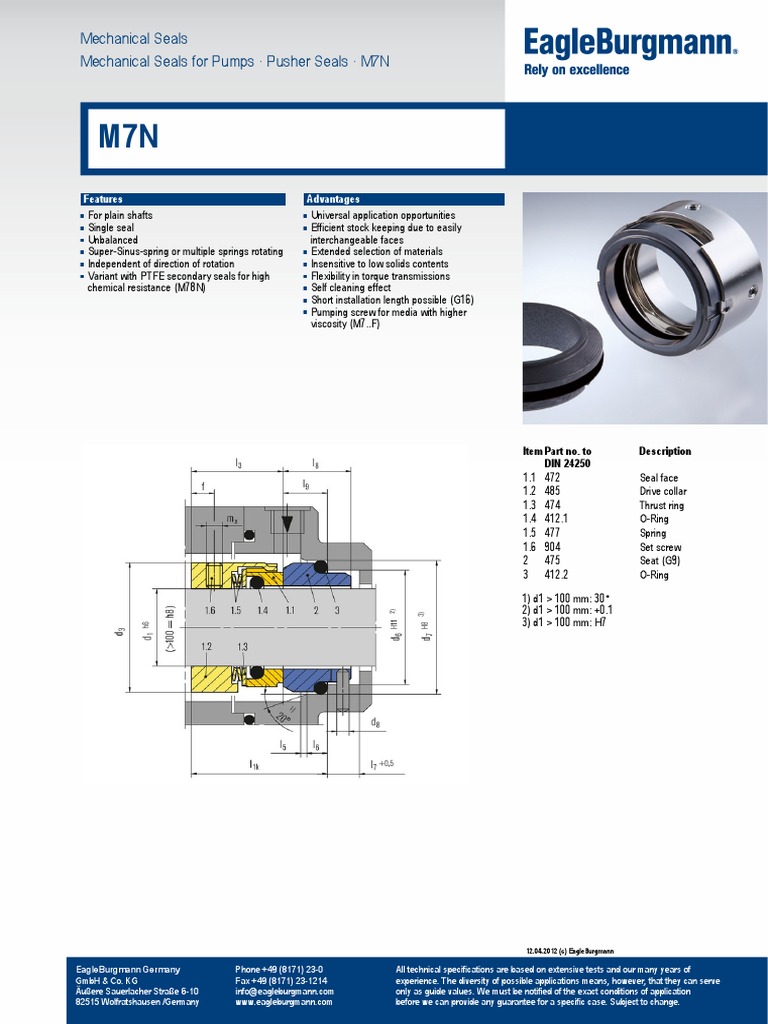 Mechanical Seals Mechanical Seals For Pumps Pusher Seals M7N | PDF ...