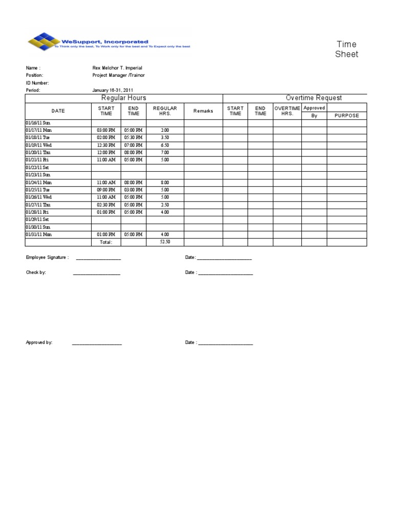 Time Sheet: Regular Hours Overtime Request | PDF