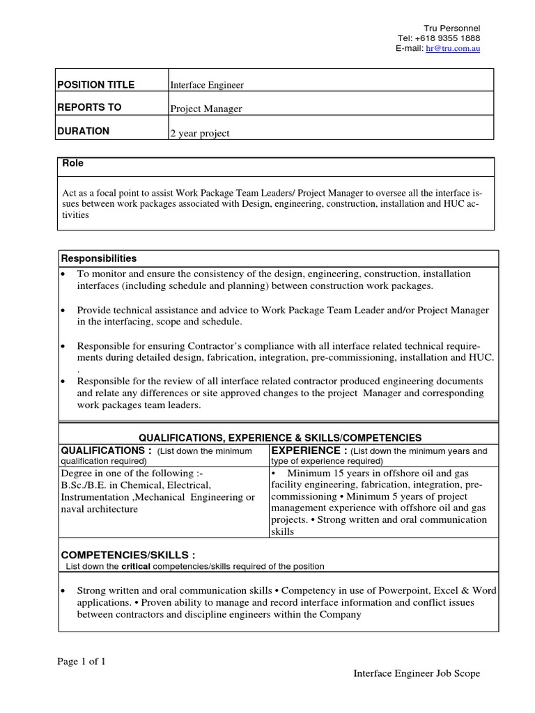 Interface Engineer Position Title Reports To Duration PDF