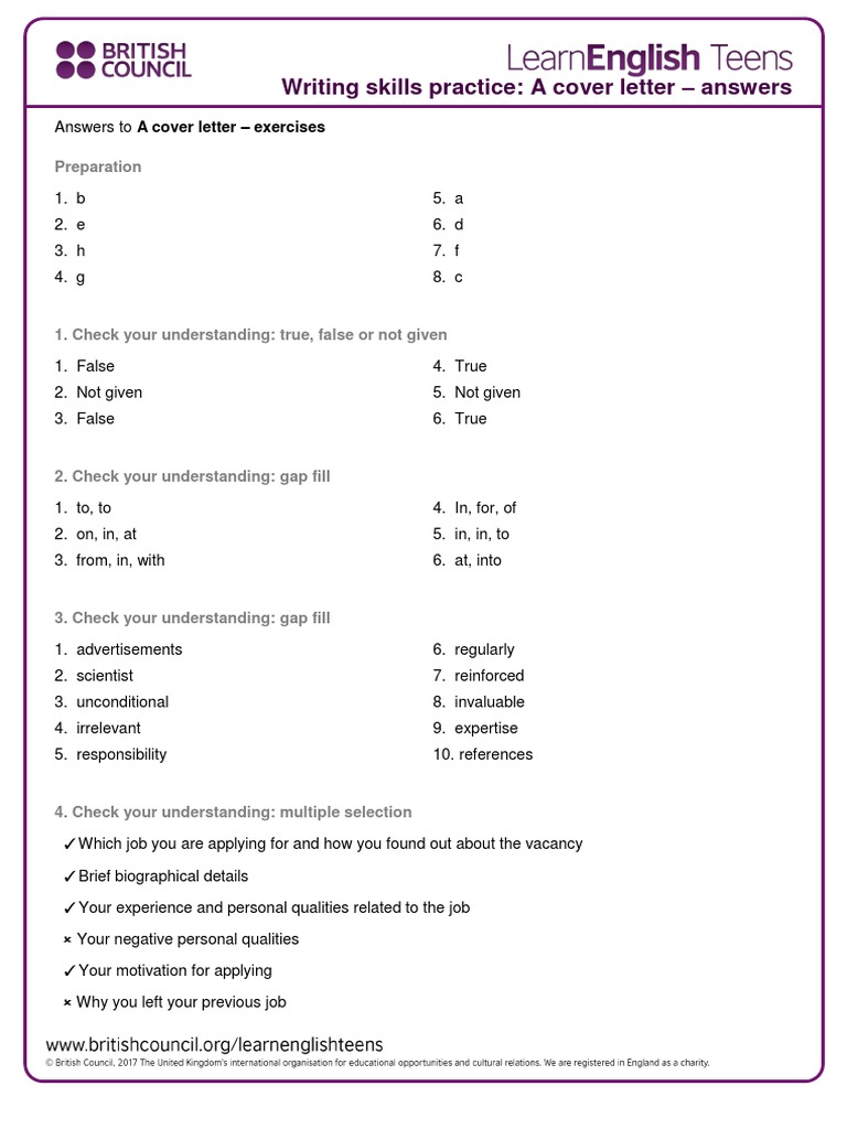 Writing Skills Practice: A Cover Letter - Answers: - Exercises | PDF ...