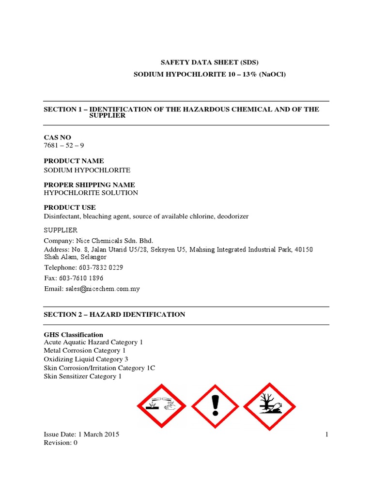 Safety data sheet sds sodium hypochlorite 10 13 naocl pdf