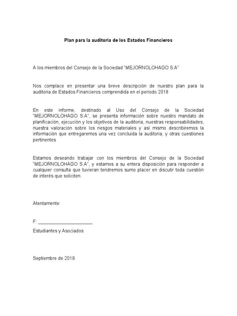 Plan para La Auditoria de Los Estados Financieros | PDF | Auditoría ...