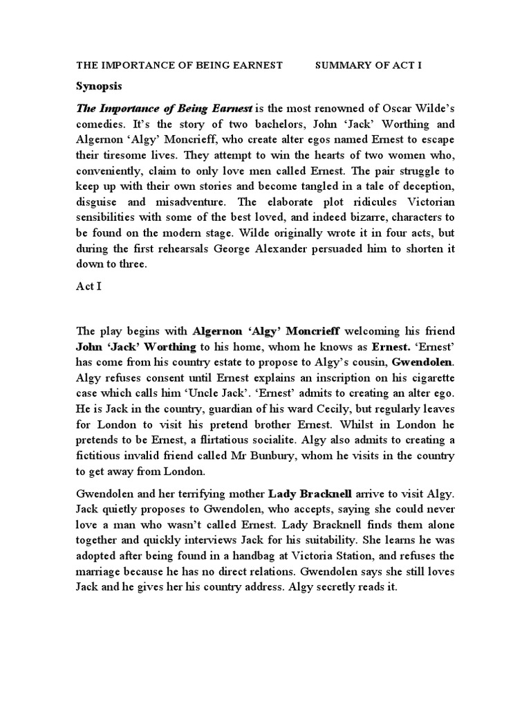 Act I Summary of The Importance of Being Earnest | PDF | Classics