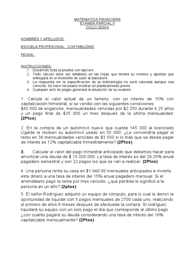 Examen Parcial Matemática Financiera 2 | PDF | Tasas de interés | Interés
