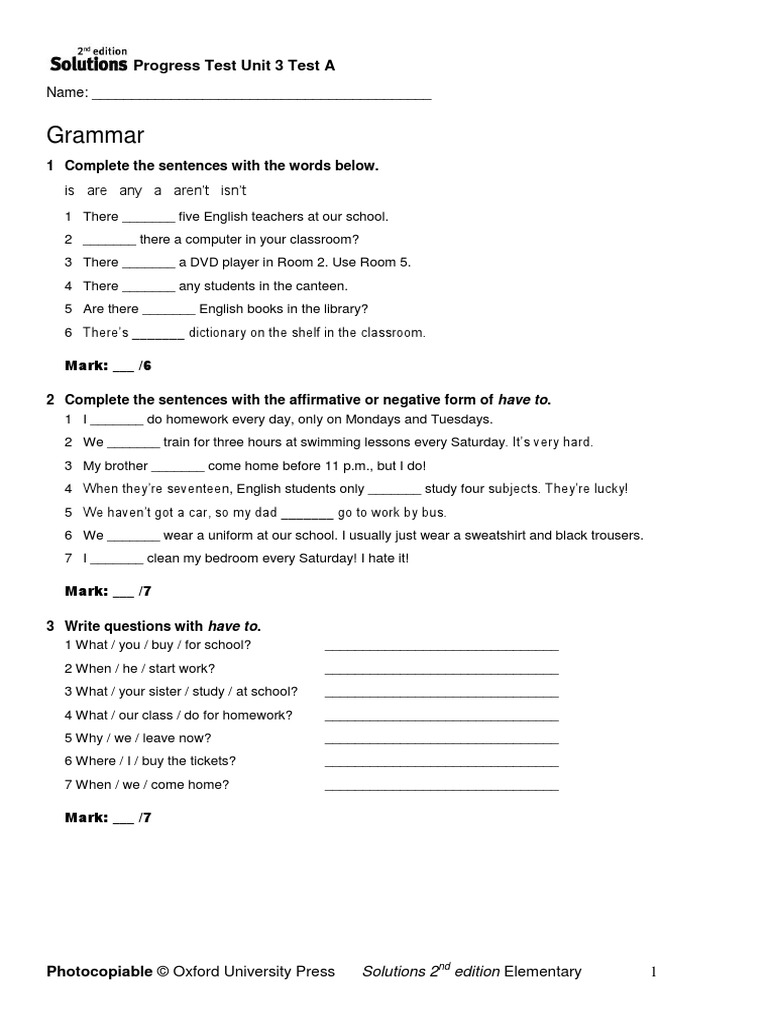 Sol2e ELEM Progress Test 3A PDF | PDF