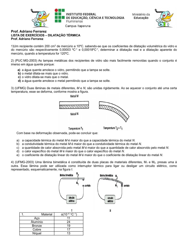 Lista de Exercícios: Dilatação Térmica | PDF | Expansão térmica | Metais