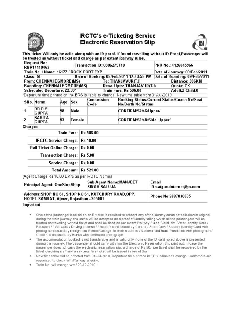 IRCTC e-Ticketing Service Details | PDF | Identity Document ...