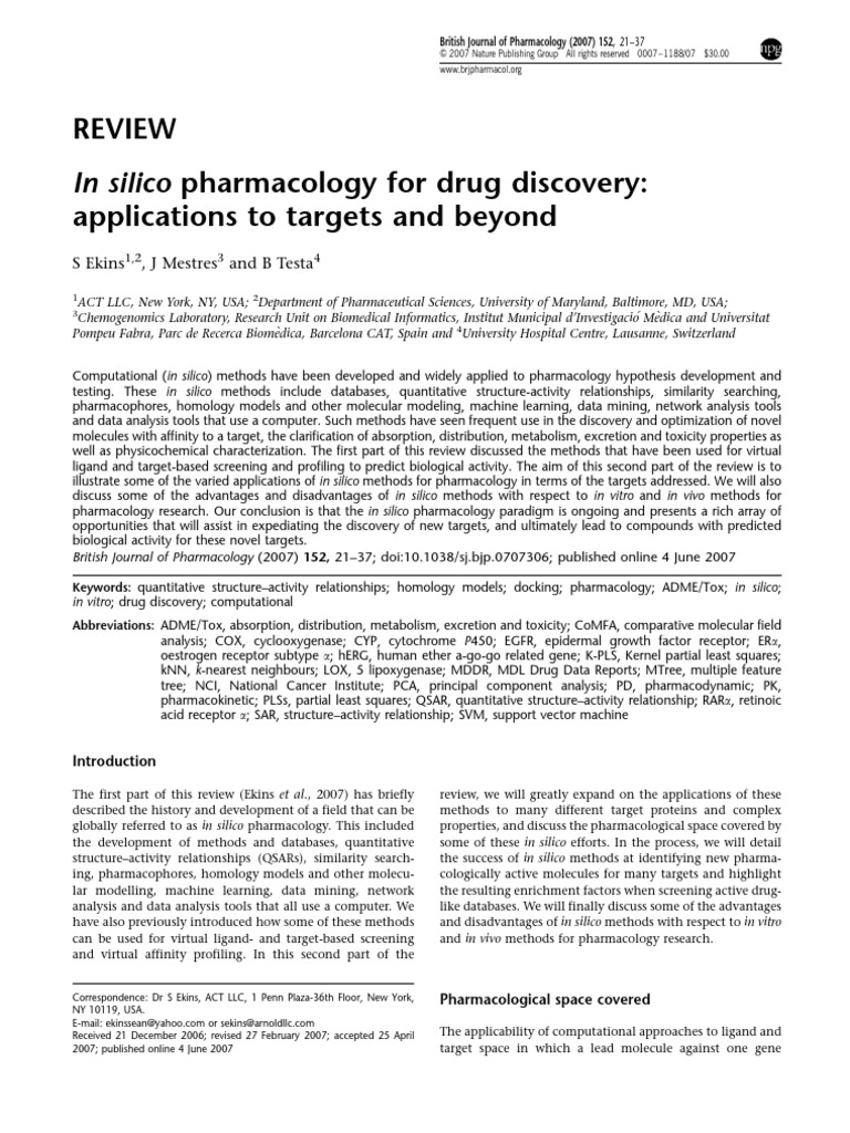 In Silico Pharmacology For Drug Discovery: Applications To Targets and ...