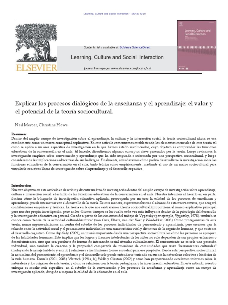 Teoría sociocultural en la educación | PDF | Aprendizaje | Salón de clases