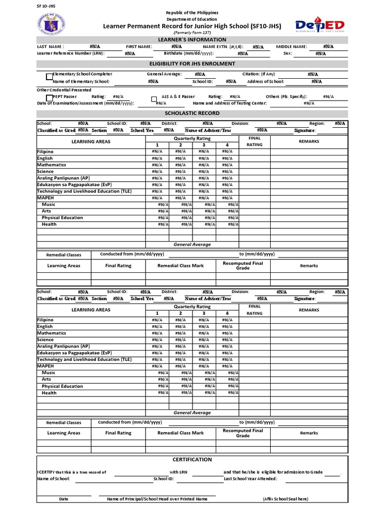 Learner Permanent Record For Junior High School (SF10-JHS) | PDF ...