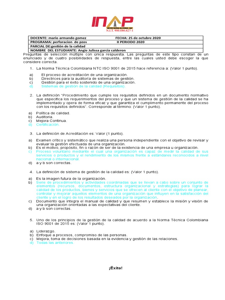 Parcial Sistemas de Gestión de La Calidad Normas Iso 9001 de 2015 | PDF ...