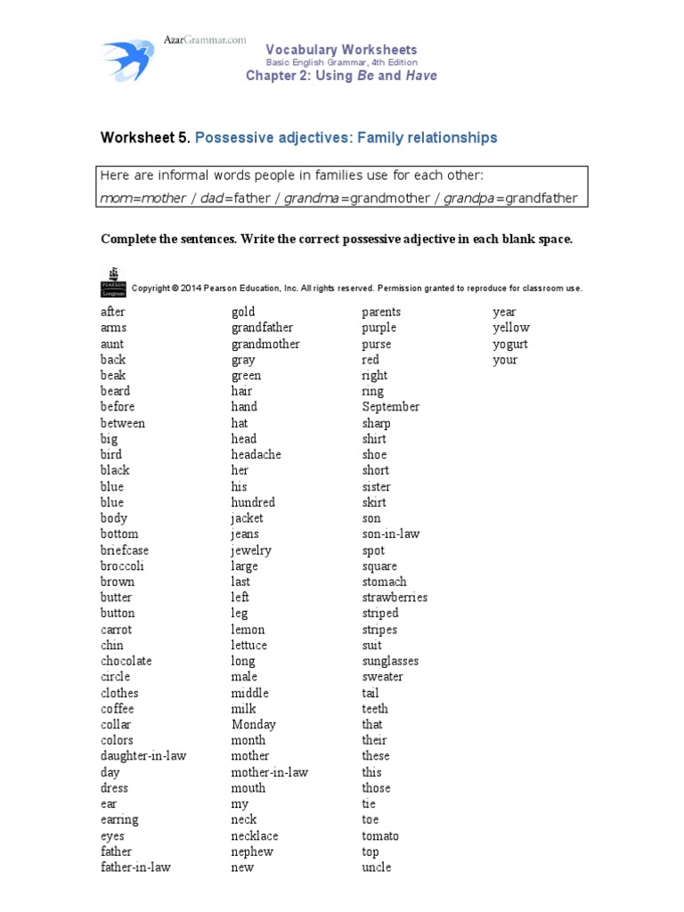 Worksheet 5.: Possessive Adjectives: Family Relationships | PDF ...