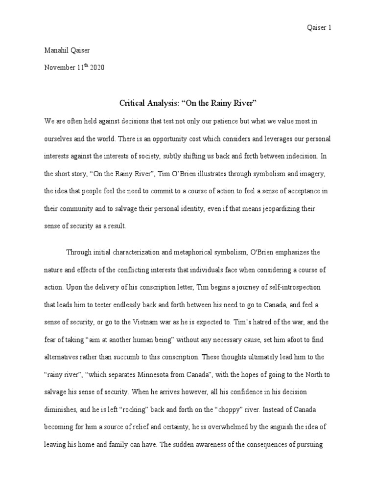 Critical AnalysisOn The Rainy River PDF Metaphysics Of Mind