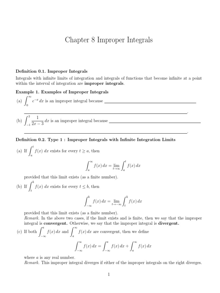 Chapter 8 Improper Integrals | PDF | Integral | Limit (Mathematics)