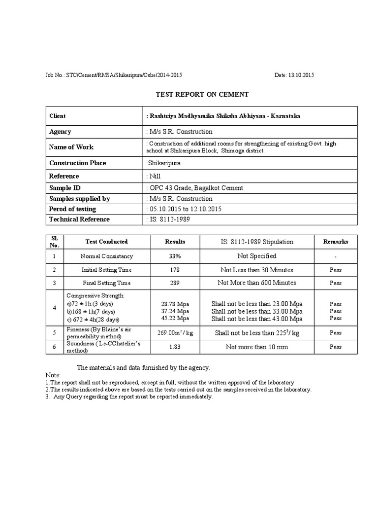 Cement and Aggregate Test Reports | PDF | Materials | Chemistry