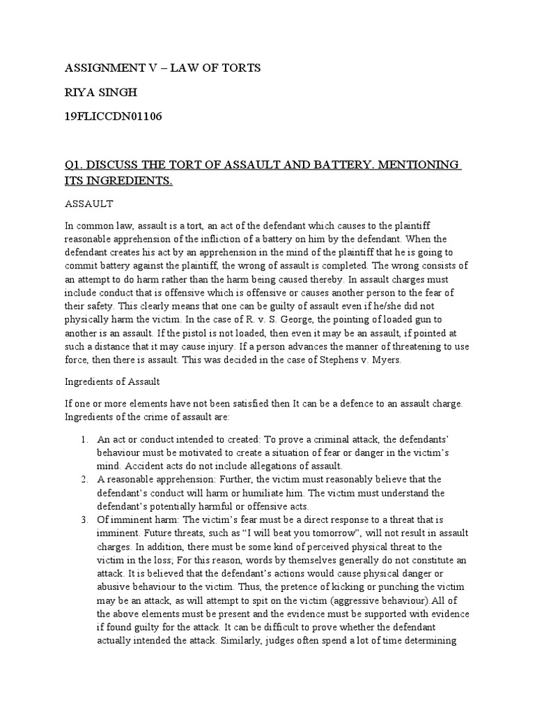 Assignment V Tort PDF Assault Battery (Crime)