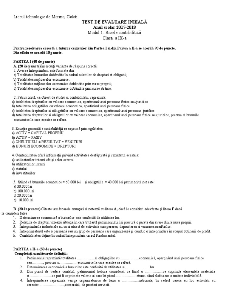 Test Initial 9 M1 Bazele - CTB | PDF