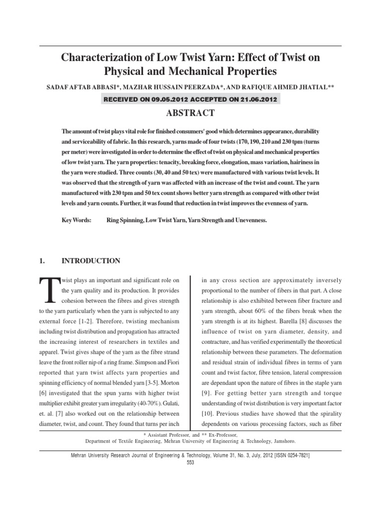 Characterization of Low Twist Yarn Effect of Twist On Physical and Mechanical Properties PDF