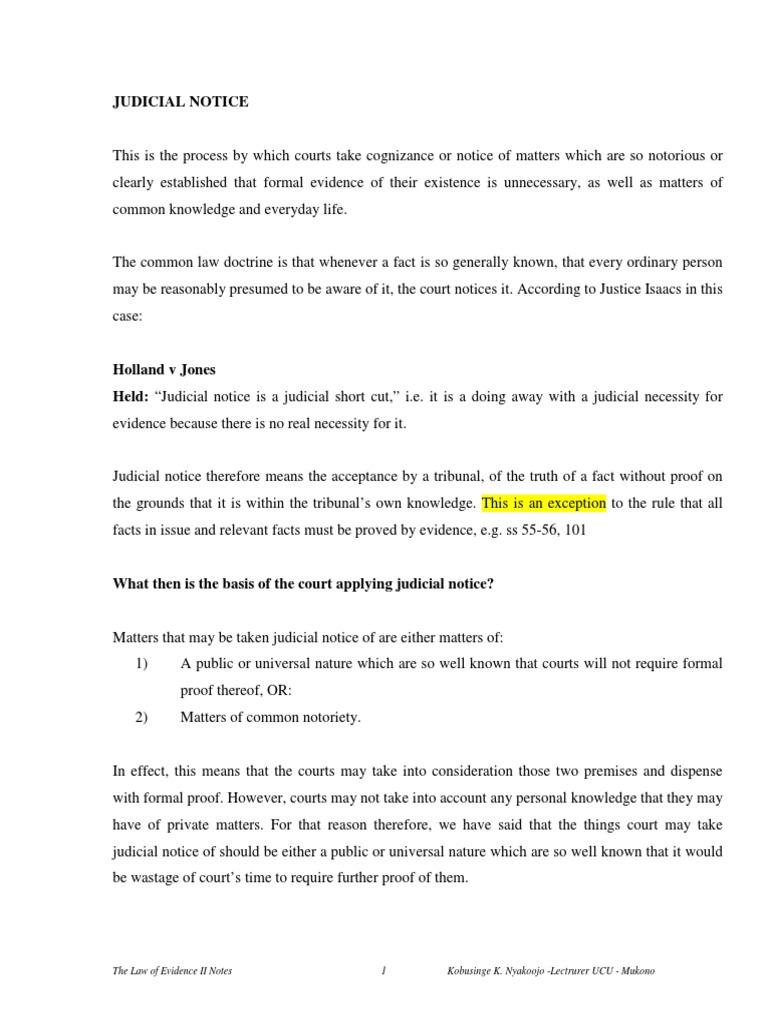Judicial Notice: The Law of Evidence II Notes Kobusinge K. Nyakoojo ...