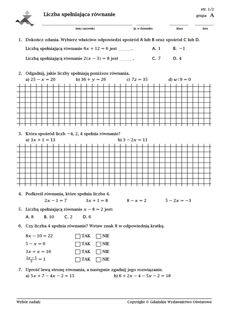 Równania Zadania Tekstowe Klasa 8 Pdf