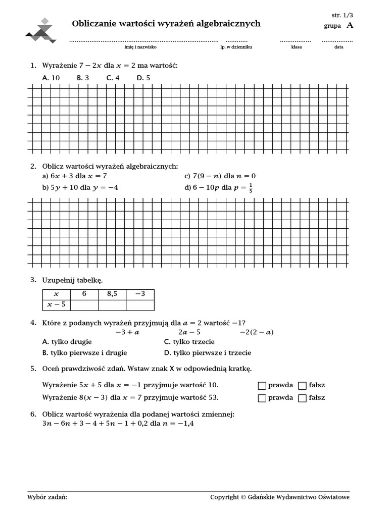 Obliczanie Wartości Wyrażeń Algebraicznych Klasa 6 Kartkówka