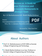 Article Review On A Study On Customer Preference and Satisfaction Towards Restaurants in Dindigul Town