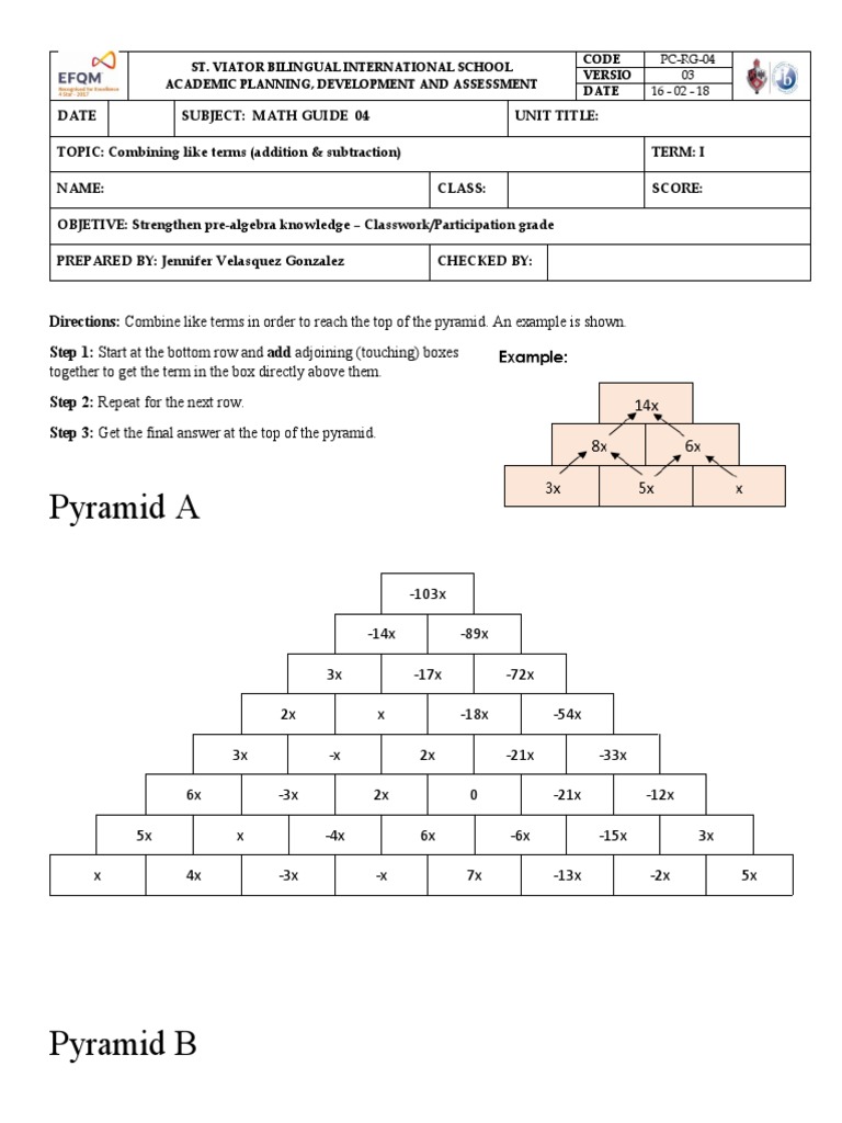 Combining Like Terms Pyramid Activity | PDF | Teaching Mathematics ...