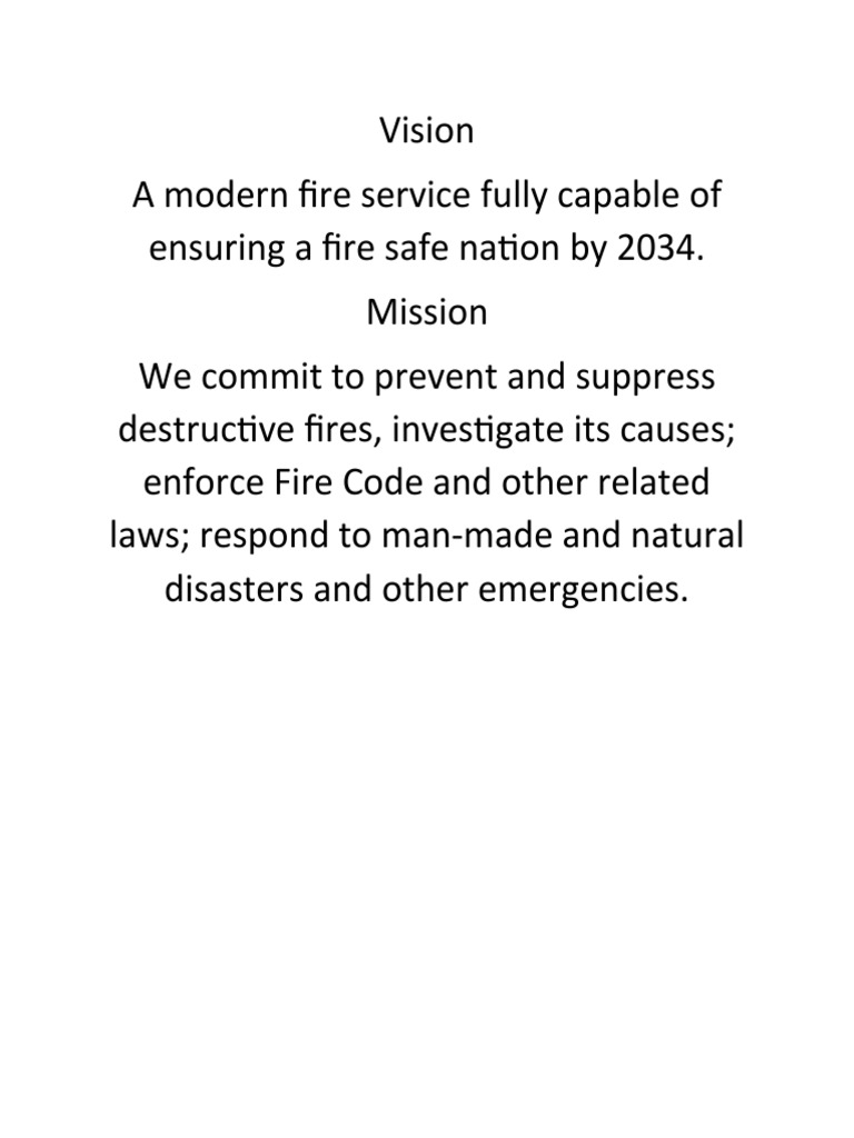 BFP Vission Mission and Objectives PDF Fire Safety Prevention