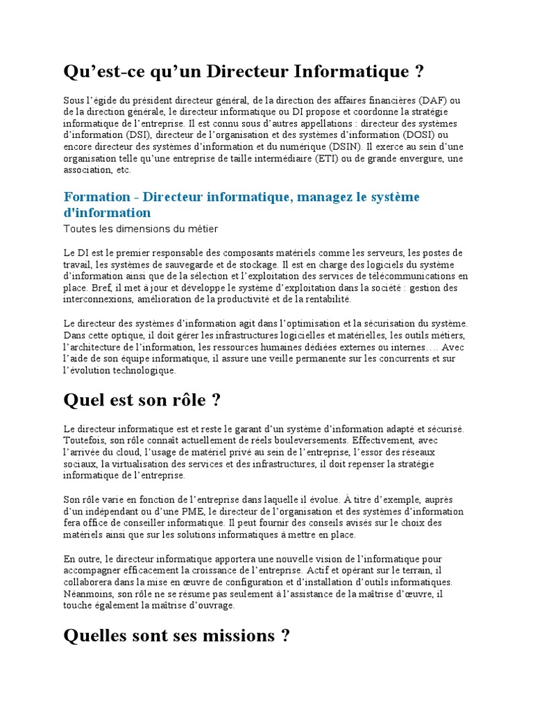 Rôle et Missions du Directeur Informatique | PDF | Informatique ...
