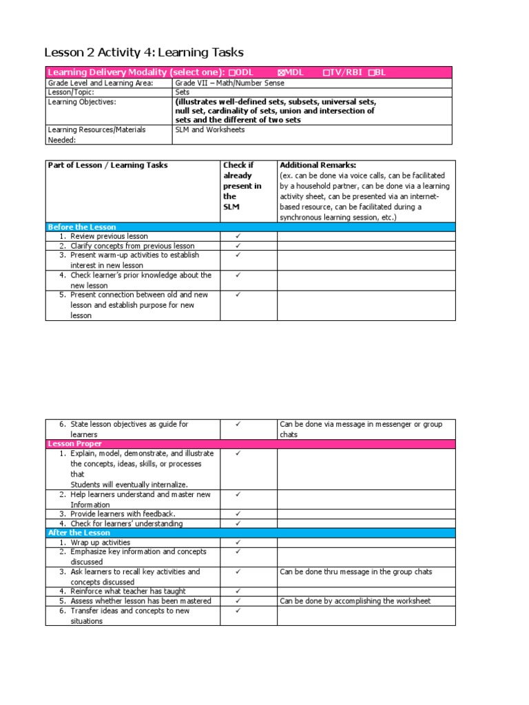 Grade VII Math: Sets Learning Tasks | PDF | Worksheet | Learning