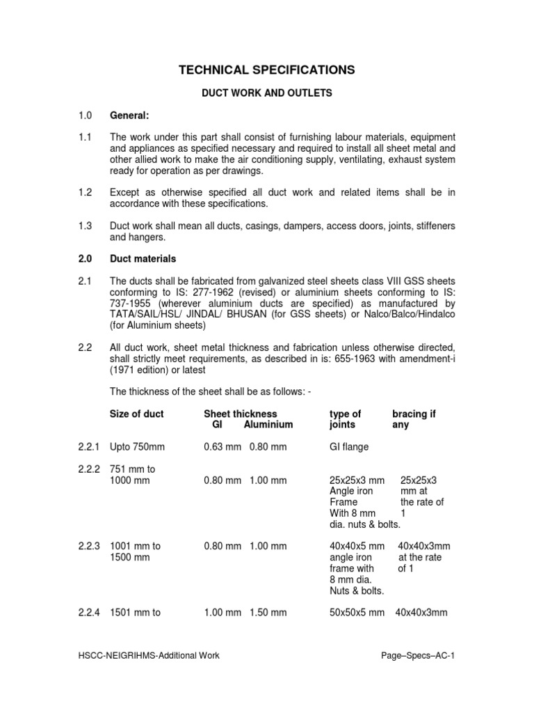 HVAC Duct Work Specifications | PDF | Duct (Flow) | Specification ...