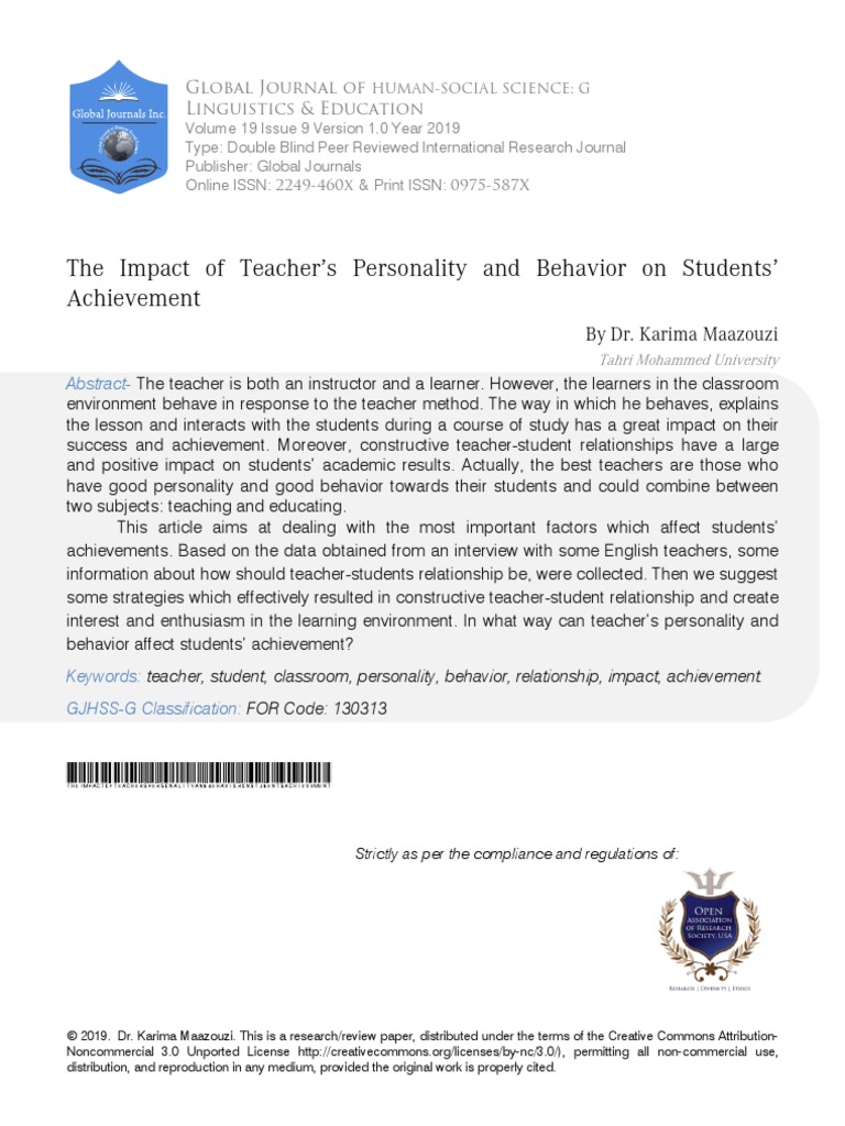 The Impact of Teacher's Personality and Behavior On Students ...