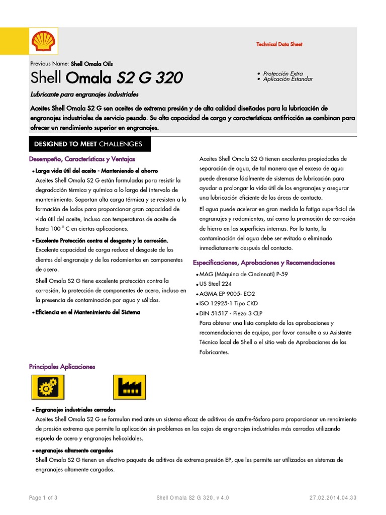 Aceite Shell Omala S2 G 320: Ficha Técnica | PDF | Engranaje | Lubricante