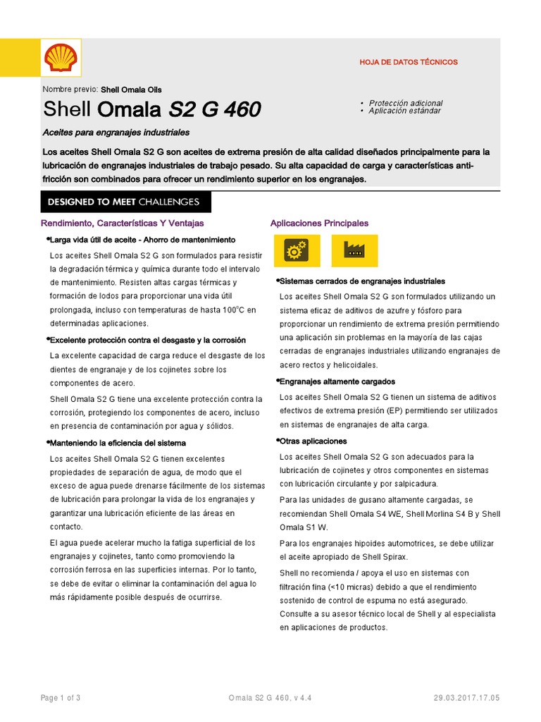 Aceite Industrial Shell Omala S2 G 460 | PDF | Engranaje | Materiales