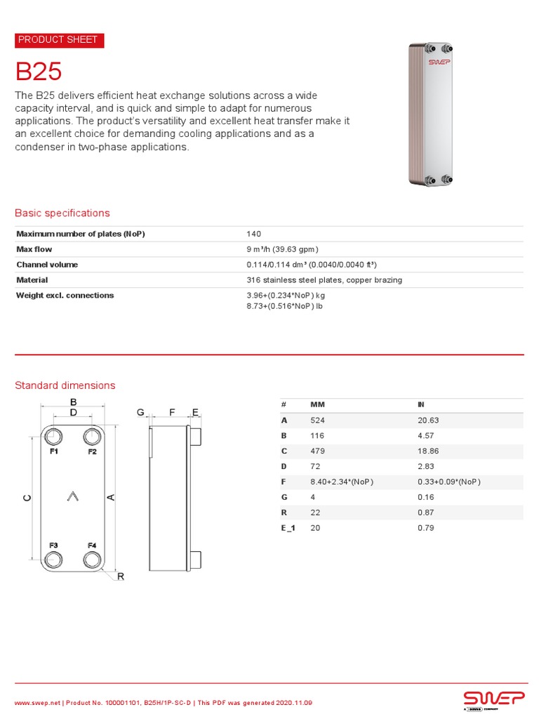 Product Sheet B25 Swep | PDF | Heat Exchanger | Industrial Processes