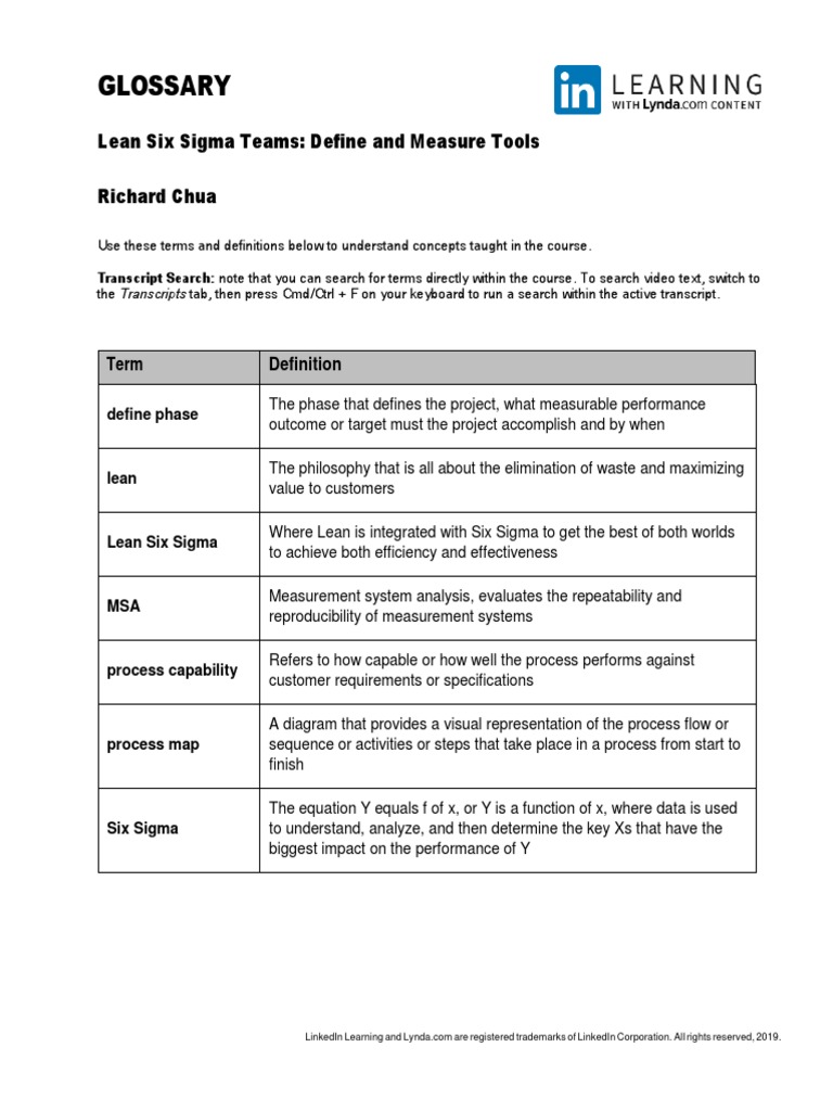 Lean Six Sigma Glossary Terms Explained | PDF