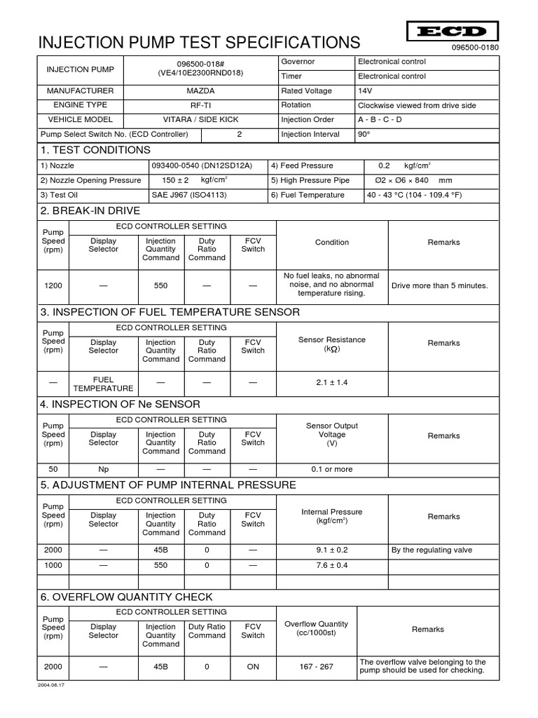Injection Pump Test Specifications | PDF | Resistor | Pump