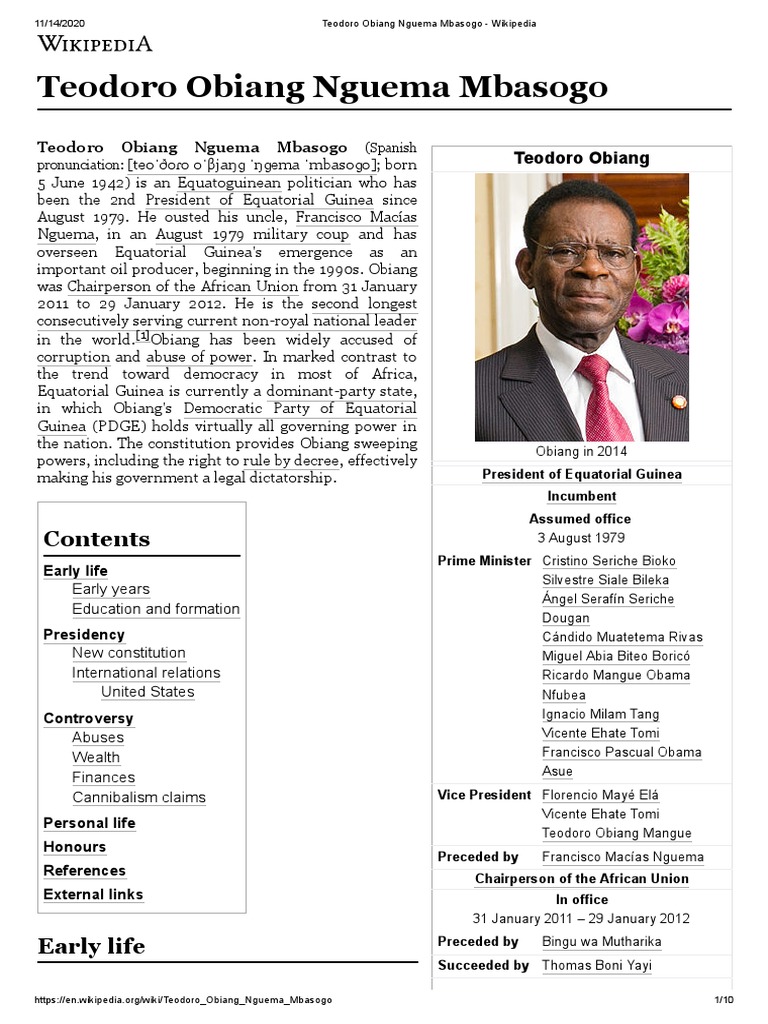 Teodoro Obiang Nguema Mbasogo - Wikipedia | PDF | Government | Public