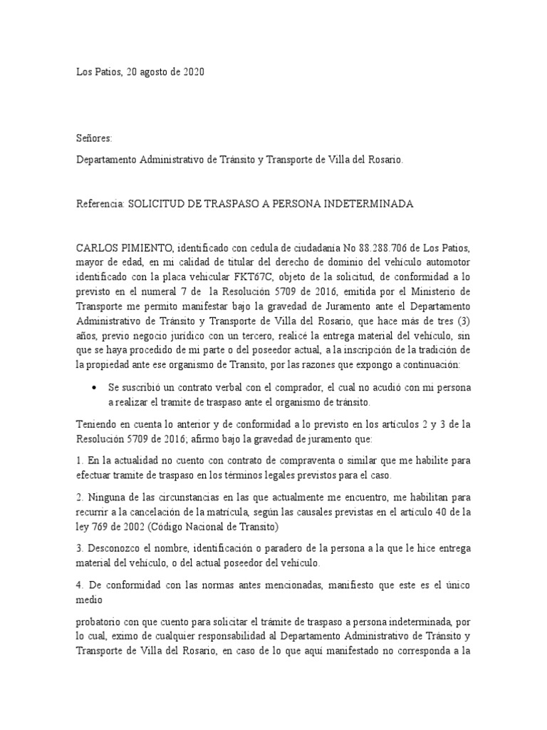 Carta Traspaso Persona Indeterminada PDF