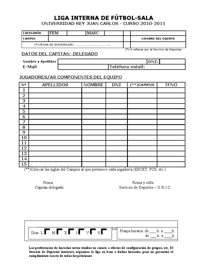 Hoja de Inscripcion Futbolsala