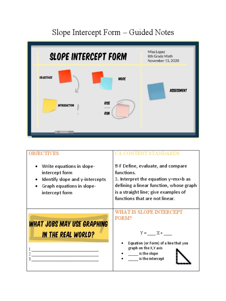 Slope Intercept Form Guided Notes PDF Slope Abstract Algebra
