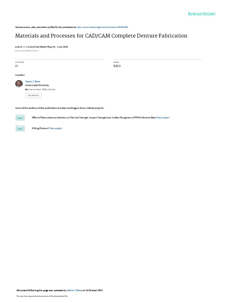 Materials and Processes For CAD/CAM Complete Denture Fabrication | PDF ...