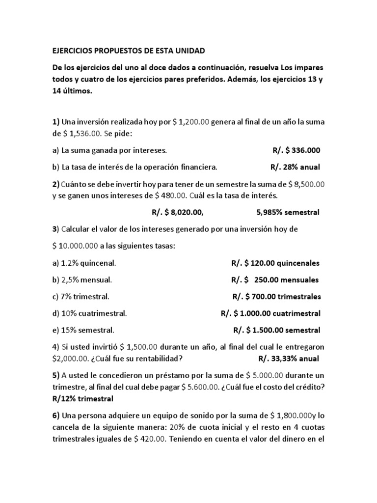 Ejercicios de Interés y Rentabilidad Financiera | PDF | Interés | Tasas ...