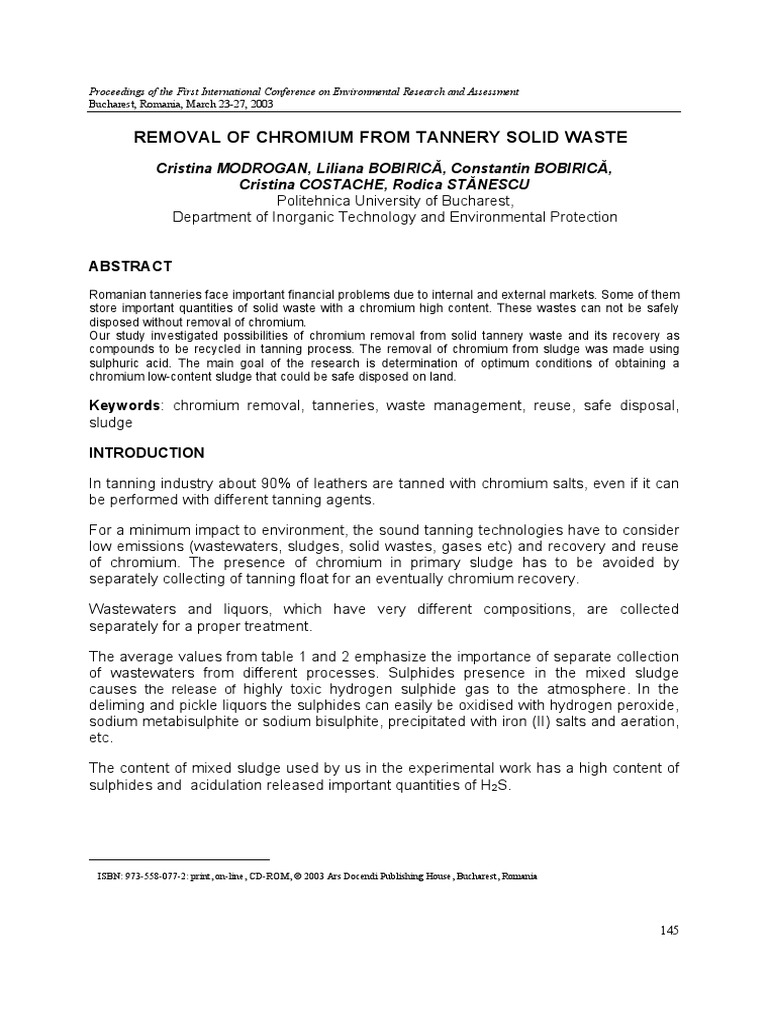 Removal of Chromium From Tannery Solid Waste | PDF | Chromium | Sewage ...