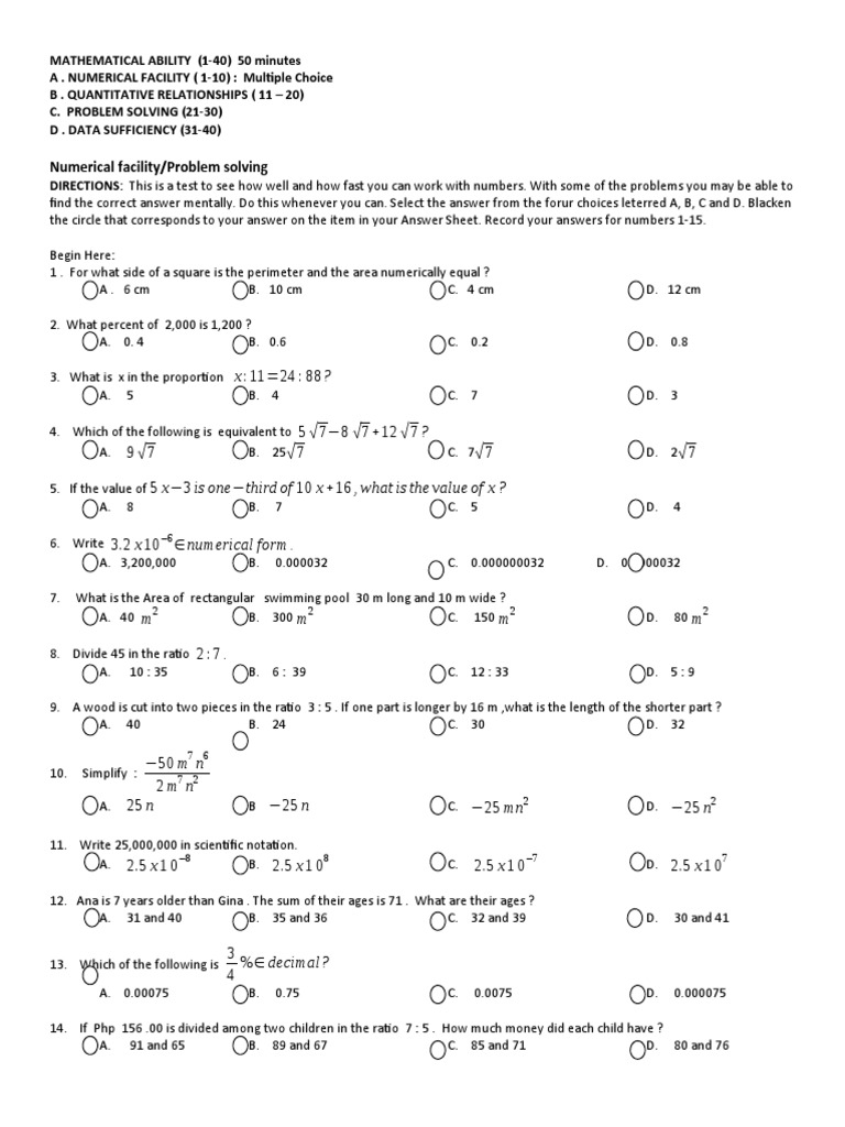 Mathematical Ability Test Overview | PDF | Ratio | Question