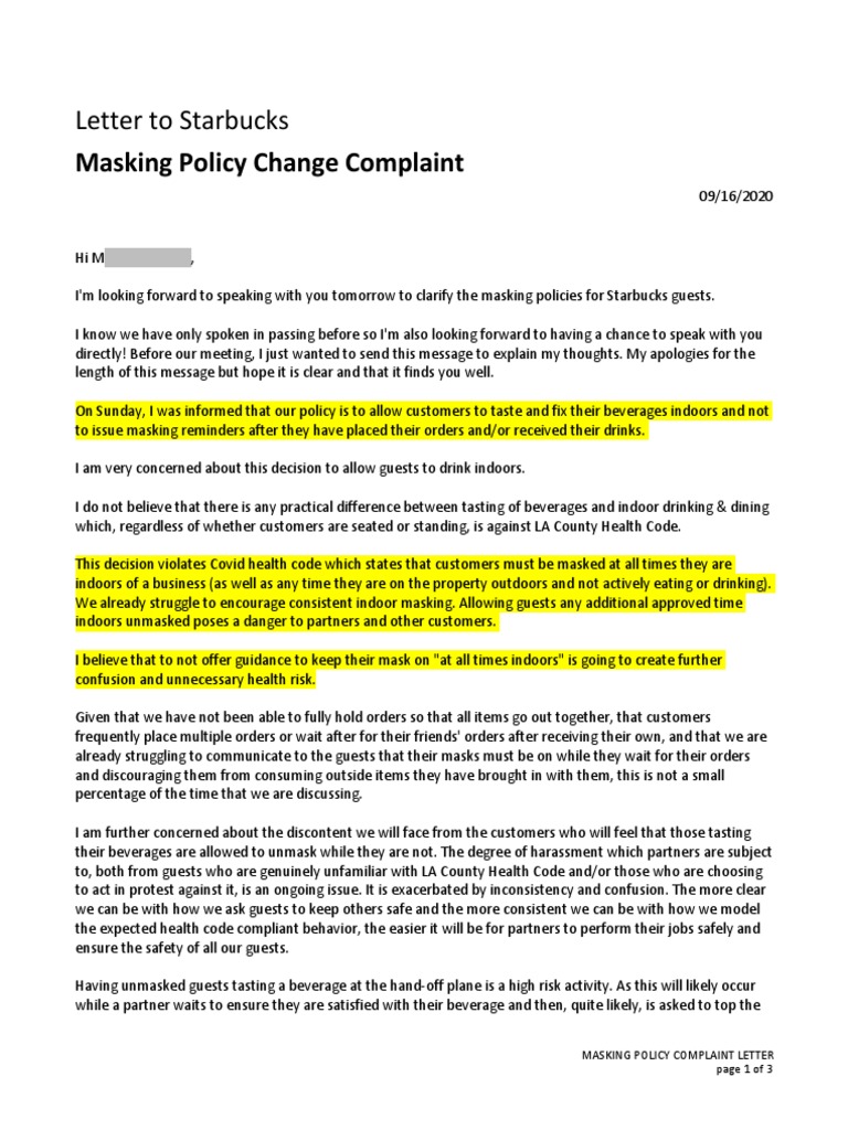 Letter Re Masking Policy Change Complaint, 09-16-2020 | PDF | Drink ...