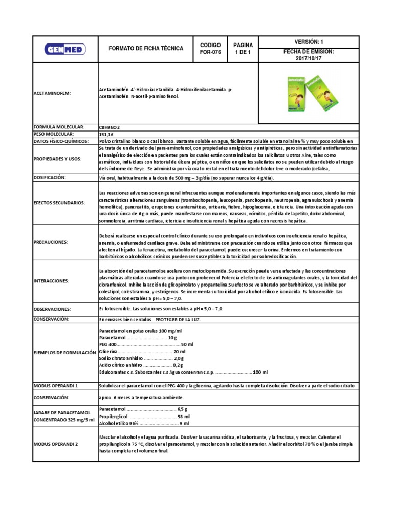 Formato de ficha técnica del paracetamol | PDF | Droga anti ...