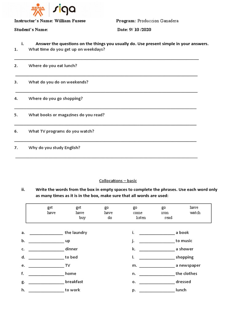 Daily Routines and Collocations Exercise | PDF | Career & Growth ...