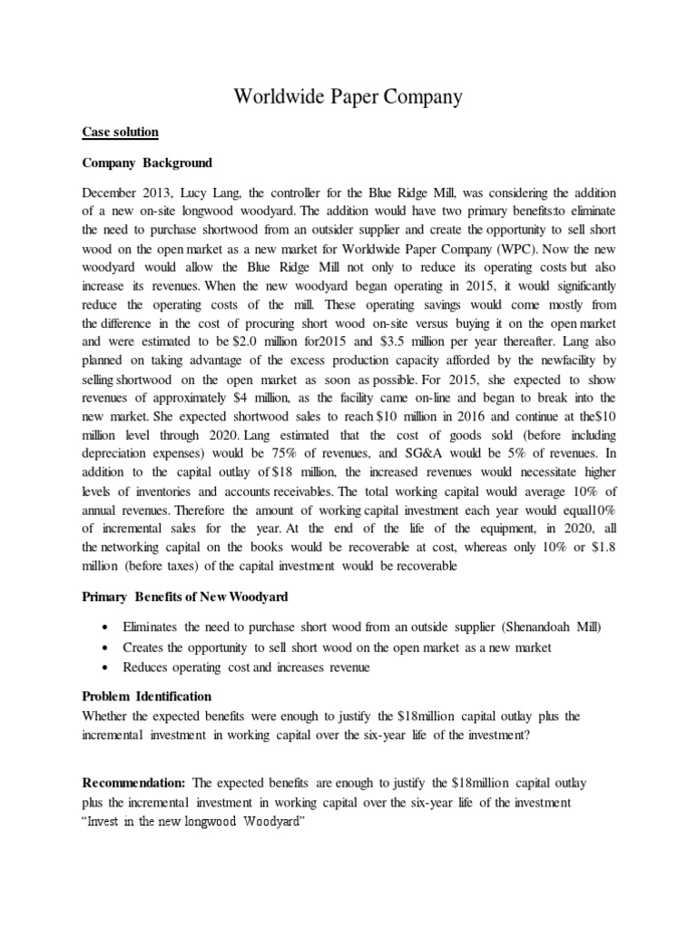 Worldwide Paper Company Case Solution Company Background PDF Cost Of Capital Depreciation