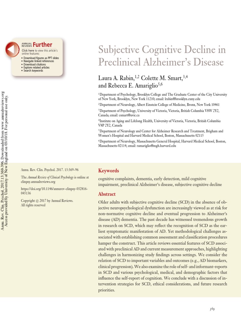 Subjective Cognitive Decline in Preclinical Alzheimer's Disease | PDF ...
